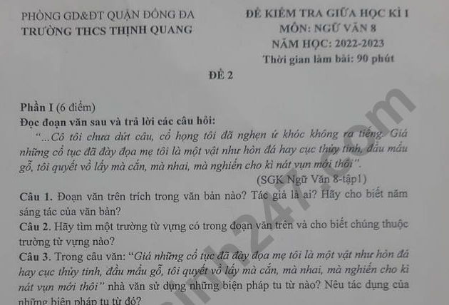 Đề giữa kì 1 lớp 8 môn Văn - THCS Thịnh Quang 2022