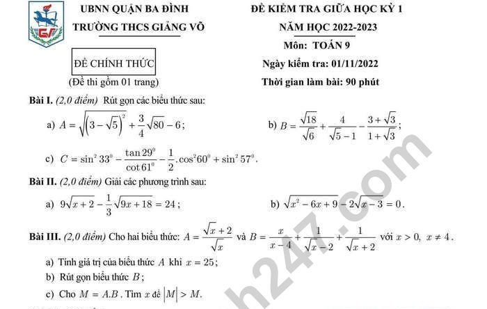 Đề thi giữa kì 1 môn Toán lớp 9 - THCS Giảng Võ 2022