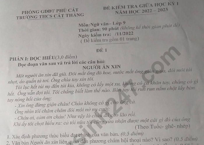 Đề thi giữa kì 1 môn Văn lớp 9 - THCS Cát Thắng 2022