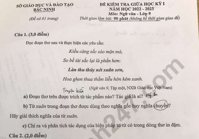 Đề thi giữa kì 1 môn Văn lớp 9 năm 2022 - Sở GD Bắc Ninh