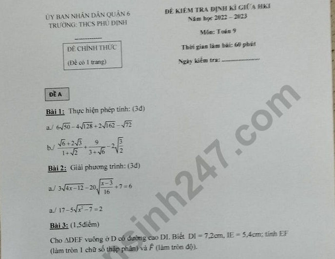 Đề kiểm tra giữa kì 1 lớp 9 môn Toán năm 2022 - THCS Phú Định