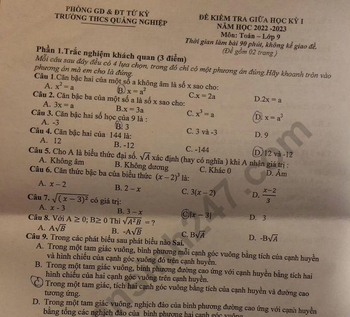 Đề thi giữa kì 1 môn Toán lớp 9 - THCS Quảng Nghiệp năm 2022
