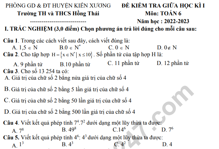 Đề kiểm tra giữa kì 1 môn Toán lớp 6 năm 2022 - THCS Hồng Thái