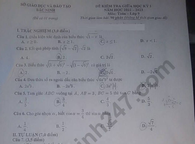 Đề giữa kì 1 lớp 9 môn Toán 2022 - Sở GD Bắc Ninh