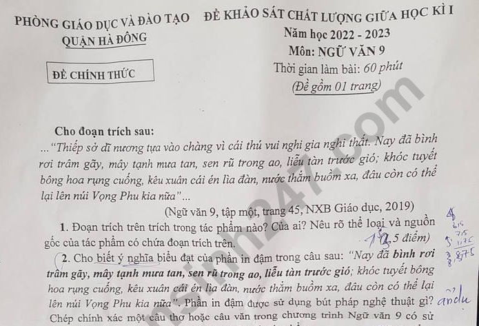 Đề giữa kì 1 môn Văn lớp 9 năm 2022 - Quận Hà Đông