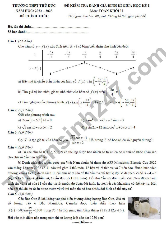 Đề kiểm tra giữa kì 1 môn Toán lớp 11 - THPT Thủ Đức 2022