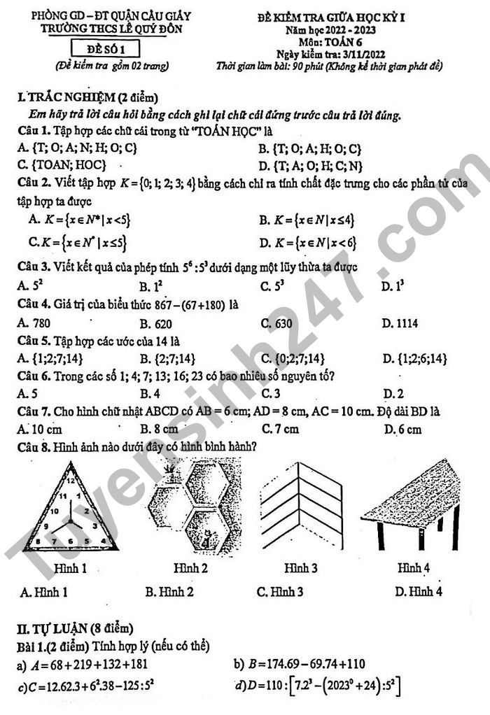Đề thi giữa kì 1 lớp 6 năm 2022 môn Toán THCS Lê Quý Đôn 
