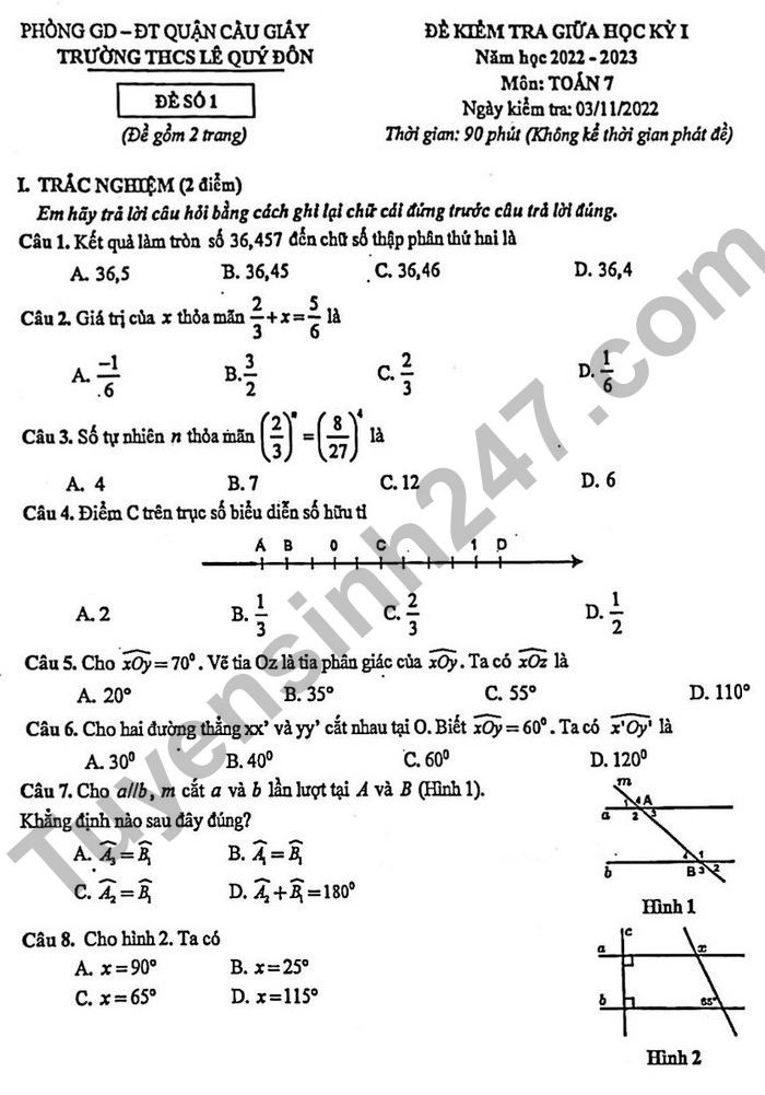 Đề kiểm tra giữa kì 1 môn Toán lớp 7 THPT Lê Quý Đôn 2022