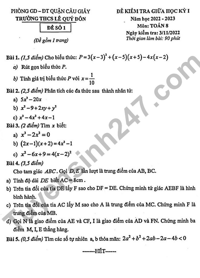 Đề thi giữa kì 1 môn Toán lớp 8 THCS Lê Quý Đôn 2022
