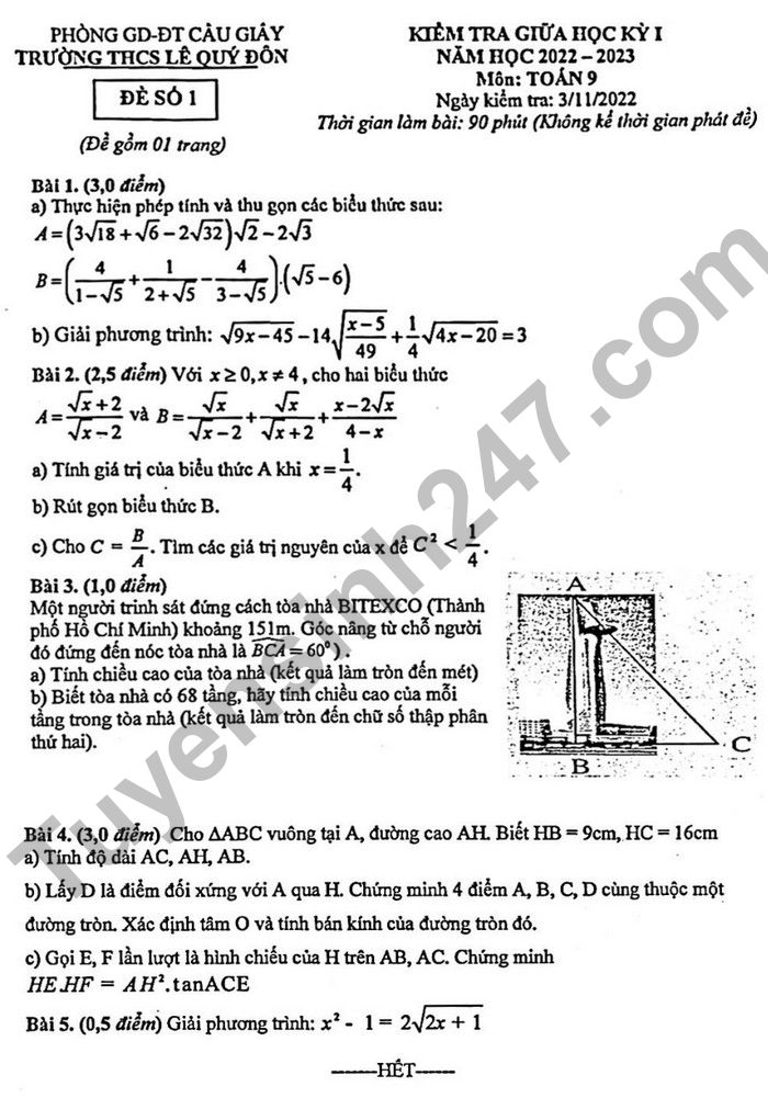 Đề thi giữa kì 1 lớp 9 năm 2022 THCS Lê Quý Đôn môn Toán