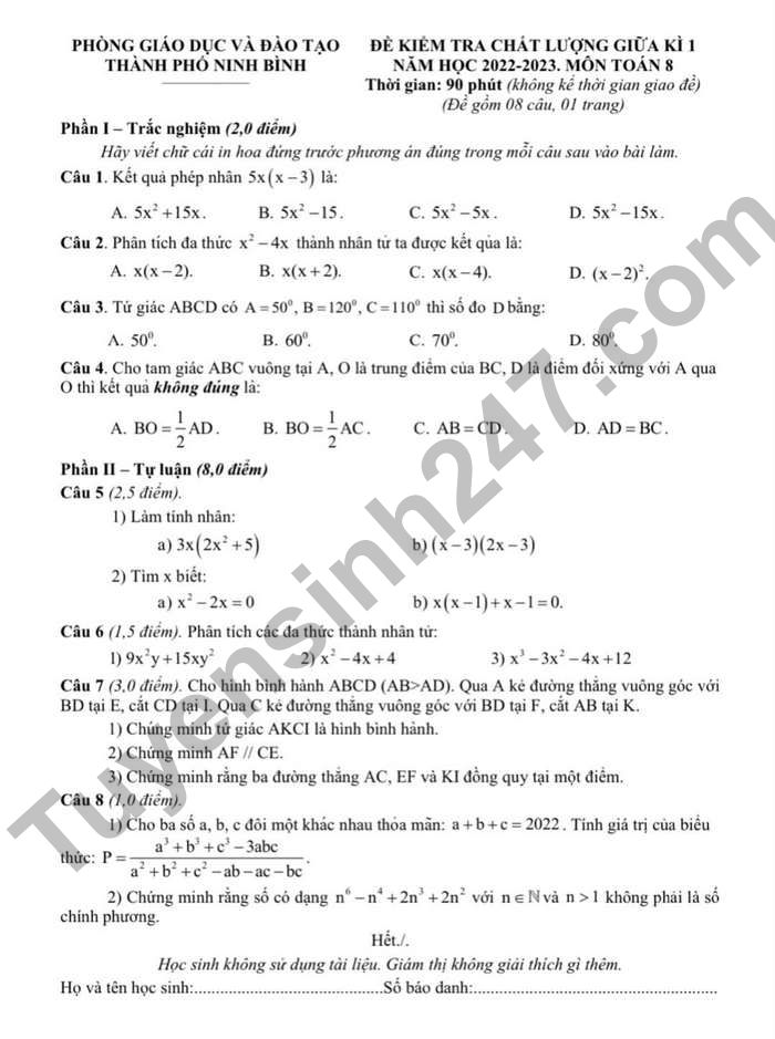 Đề thi giữa kì 1 môn Toán lớp 8 - TP Ninh Bình 2022