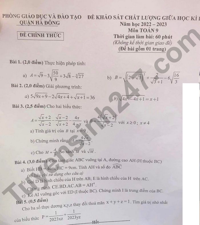 Đề thi giữa kì 1 môn Toán lớp 9 năm 2022 - Quận Hà Đông