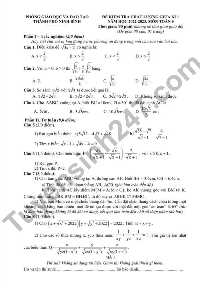 Đề thi GK lớp 9 môn Toán năm 2022 TP Ninh Bình
