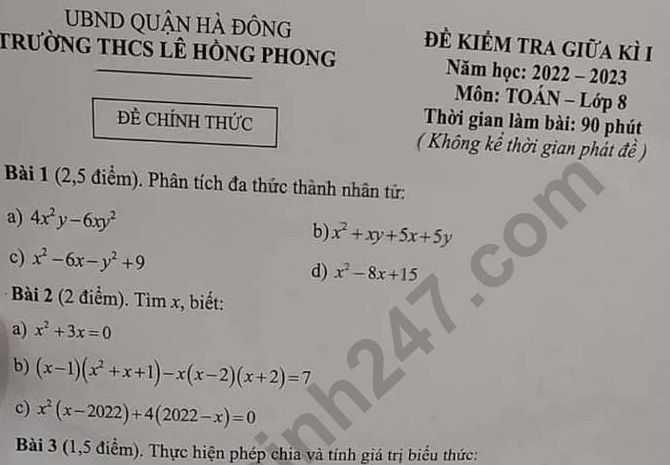 Đề thi giữa kì 1 môn Toán lớp 8 - THCS Lê Hồng Phong 2022