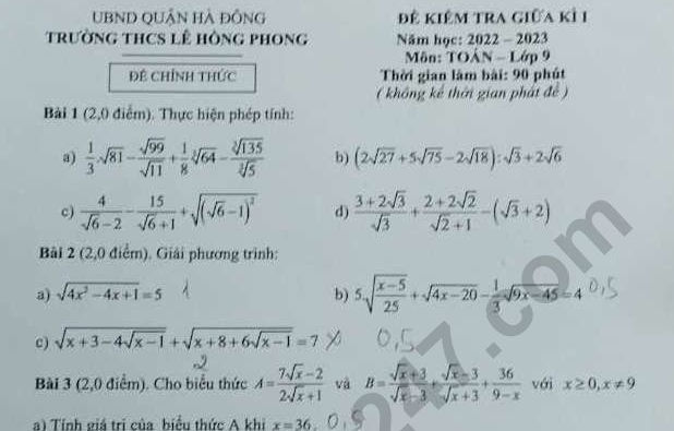 Đề thi giữa kì 1 môn Toán lớp 9 - THCS Lê Hồng Phong 2022