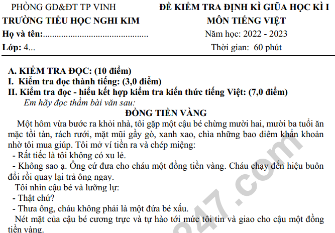 Đáp án đề giữa kì 1 môn Tiếng Việt lớp 4 năm 2022 - TH Nghi Kim