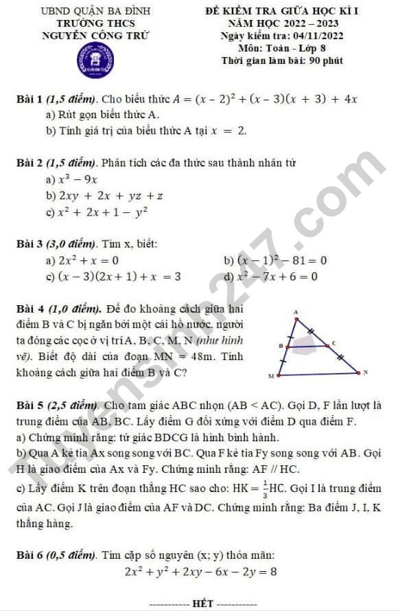 Đáp án đề giữa kì 1 lớp 8 môn Toán - THCS Nguyễn Công Trứ 2022