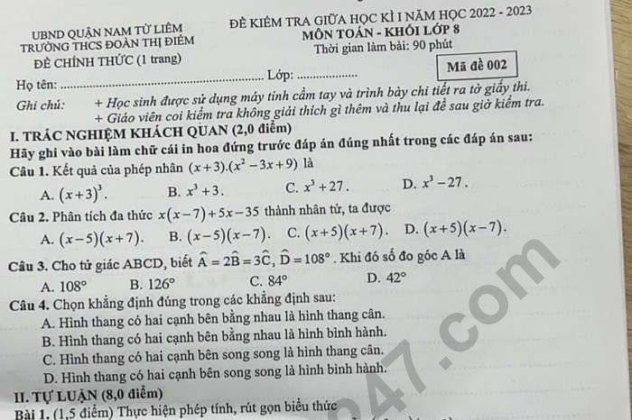 Đề thi giữa kì 1 lớp 8 môn Toán - THCS Đoàn Thị Điểm 2022