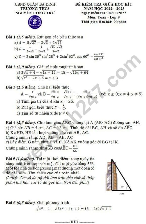 Đề giữa kì 1 môn Toán lớp 9 - THCS Nguyễn Công Trứ 2022 (Có đáp án)