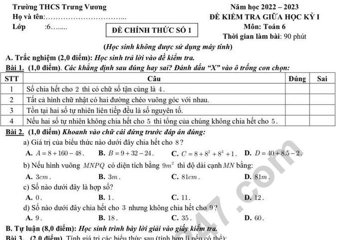 Đề thi giữa kì 1 lớp 6 môn Toán 2022 - THCS Trưng Vương