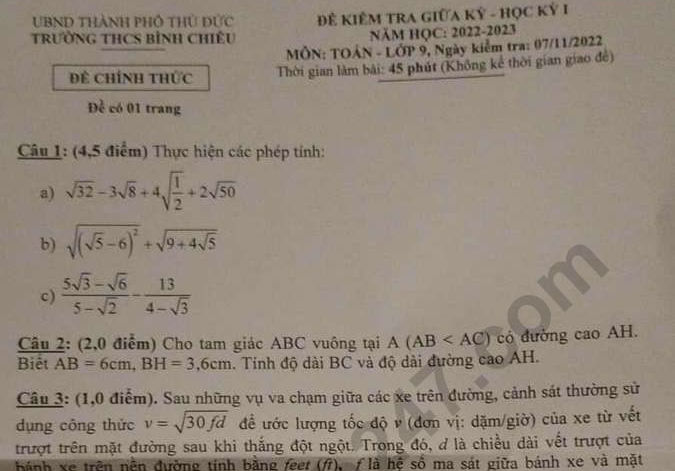 Đề giữa kì 1 môn Toán lớp 9 - THCS Bình Chiểu 2022