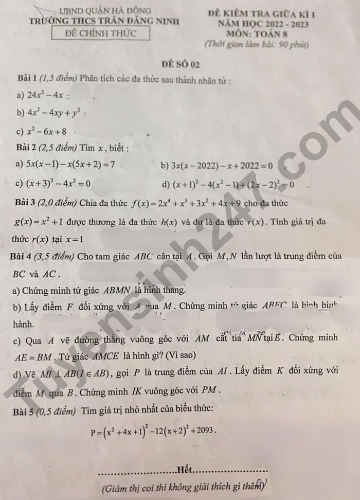 Đề thi GK 1 môn Toán lớp 8 THCS Trần Đăng Ninh 2022