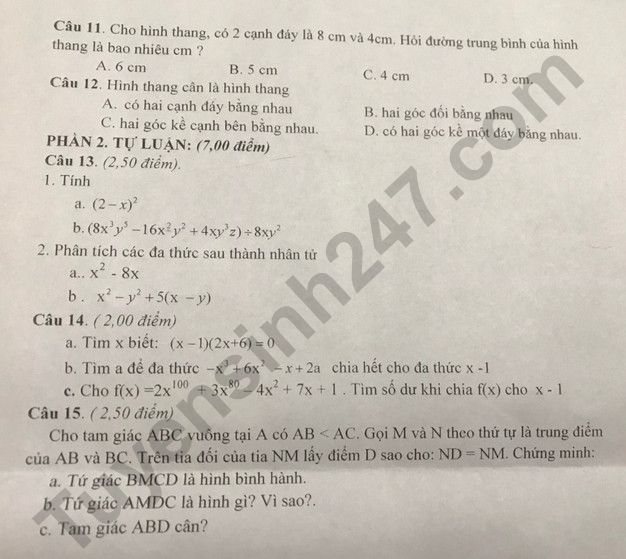 Đề giữa kì 1 lớp 8 môn Toán 2022 - THCS Nguyễn Thị Định