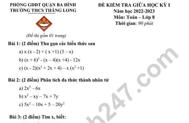 Đề thi giữa kì 1 lớp 8 môn Toán 2022 - THCS Thăng Long (Có đáp án)