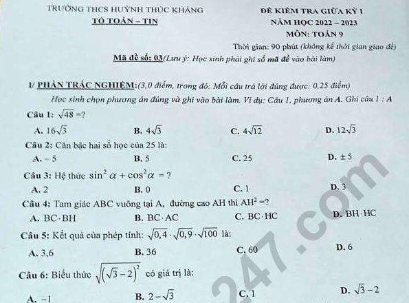 Đề giữa kì 1 môn Toán lớp 9 - THCS Huỳnh Thúc Kháng 2022