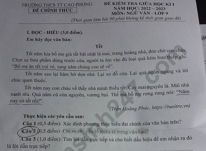 Đề giữa kì 1 môn Văn 2022 lớp 9 - THCS Cao Phong