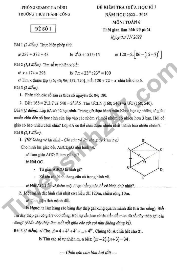 Đề giữa kì 1 lớp 6 năm 2022 môn Toán THCS Thành Công