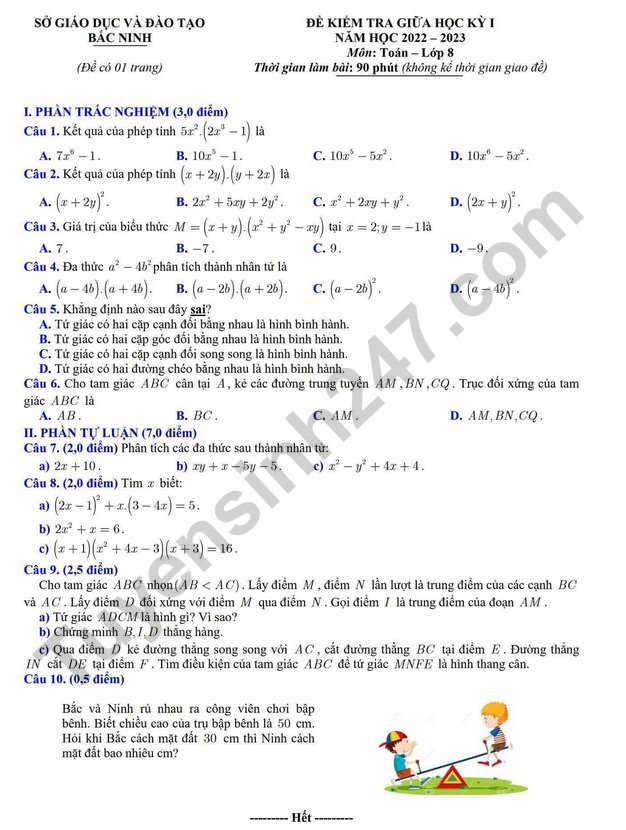 Đề giữa kì 1 môn Toán lớp 8 - Sở GD Bắc Ninh 2022 (Có đáp án)