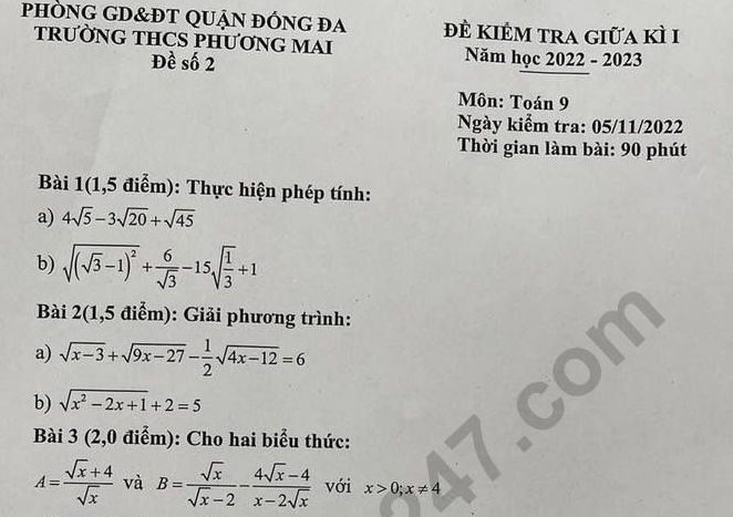 Đề giữa kì 1 môn Toán lớp 9 năm 2022 - THCS Phương Mai