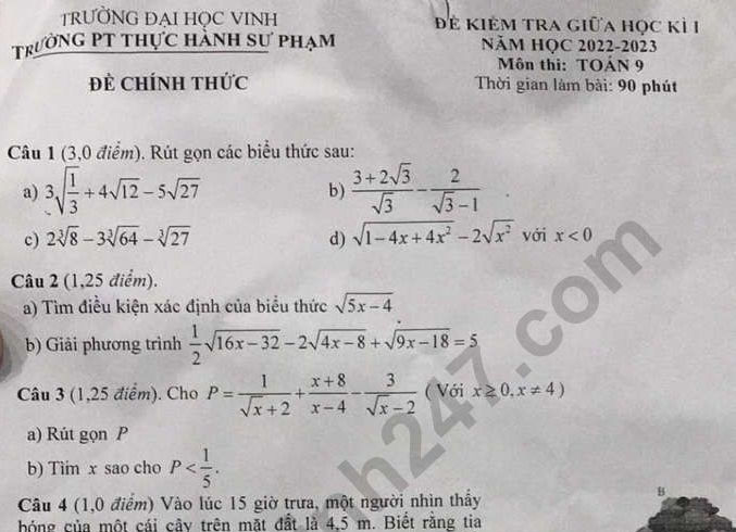 Đề giữa kì 1 lớp 9 môn Toán - PT Thực hành Sư phạm 2022