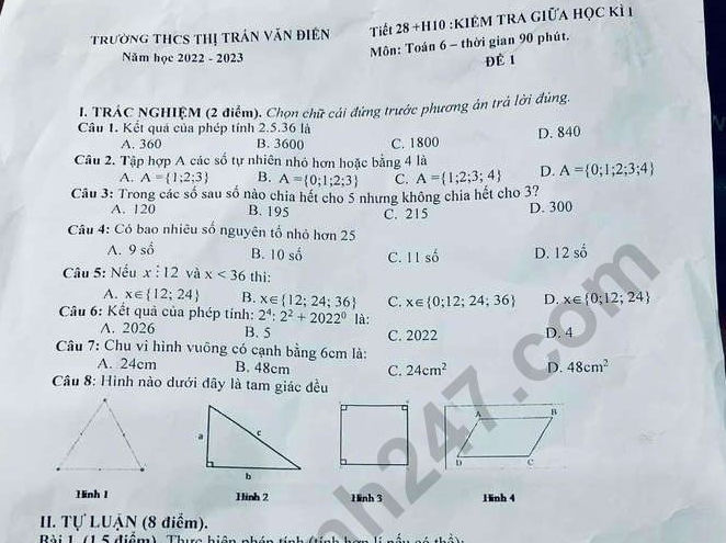 Đề thi giữa kì 1 lớp 9 môn Toán 2022 - THCS TT Văn Điển