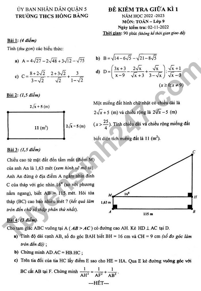 Đề thi GK 1 môn Toán lớp 9 năm 2022 THCS Hồng Bàng