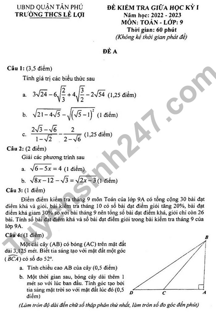 Đề thi giữa kì 1 lớp 9 môn Toán 2022 THCS Lê Lợi 