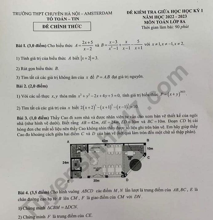 Đề kiểm tra giữa kì 1 lớp 8 môn Toán năm 2022 - THPT Chuyên Hà Nội AMSTERDAM