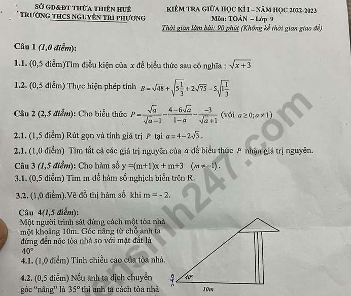 Đề thi giữa kì 1 môn Toán lớp 9 - THCS Nguyễn Tri Phương năm 2022