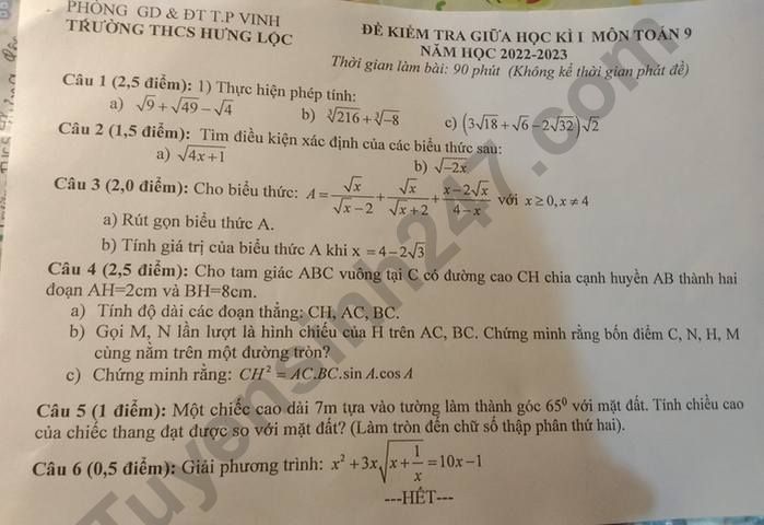 Đề giữa kì 1 lớp 9 năm 2022 môn Toán - THCS Hưng Lộc