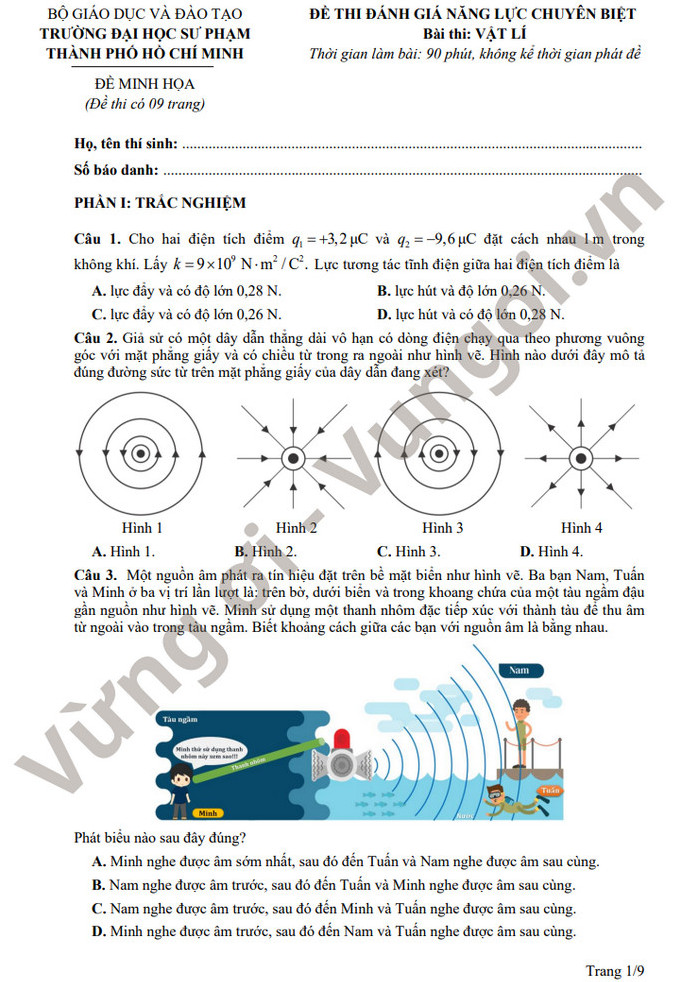 Đề minh họa thi đánh giá năng lực Vật Lí - ĐH Sư phạm TPHCM