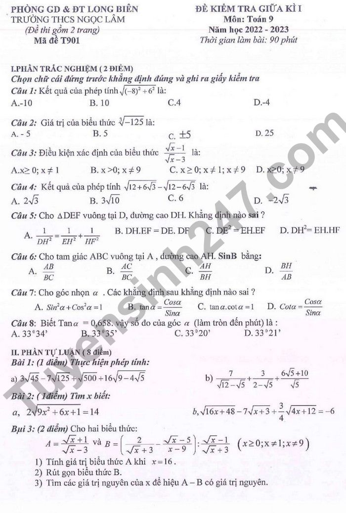 Đề thi giữa kì 1 môn Toán lớp 9 năm 2022 THCS Ngọc Lâm