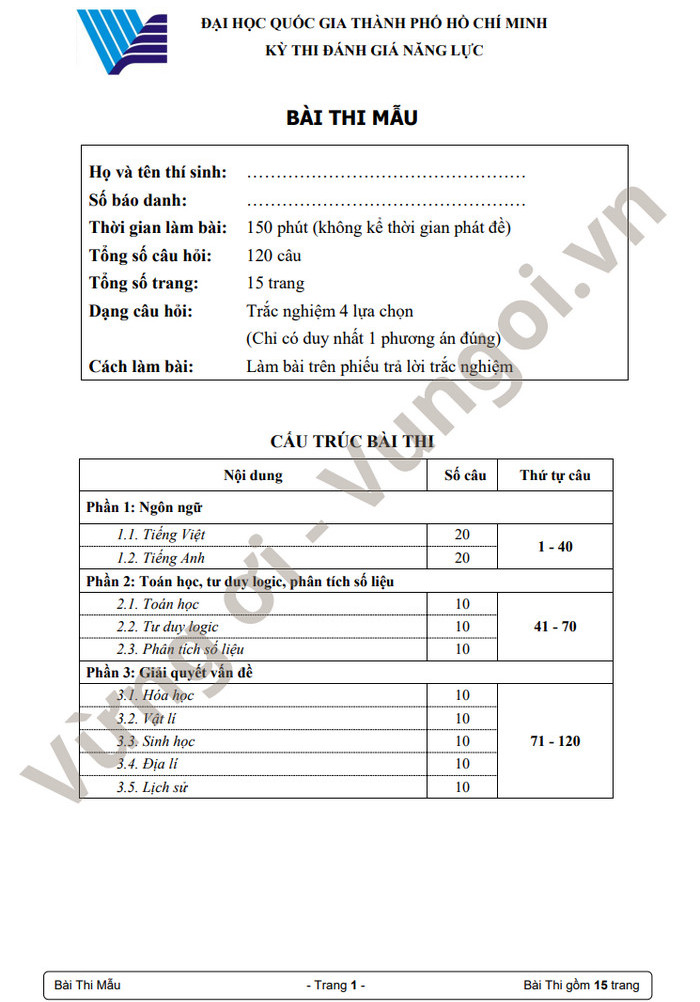 File đề thi đánh giá năng lực ĐHQG TPHCM 2019 - 2020 (Bài thi mẫu)