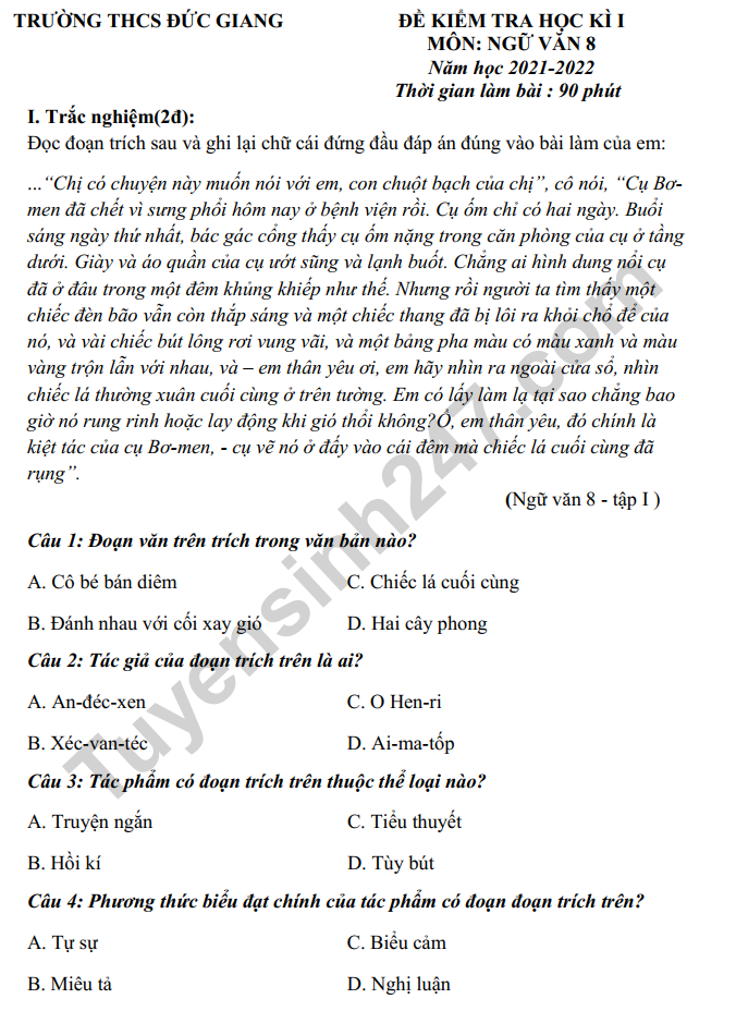 Đề thi kì 1 môn Văn lớp 8 - THCS Đức Giang 2022