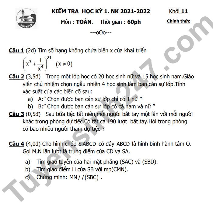 Đề thi kì 1 lớp 11 môn Toán 2022 THPT Gia Định (Có đáp án)