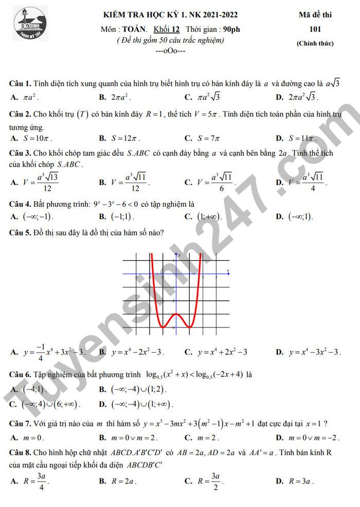 Đề thi kì 1 lớp 12 môn Toán 2022 THPT Gia Định (Có đáp án)
