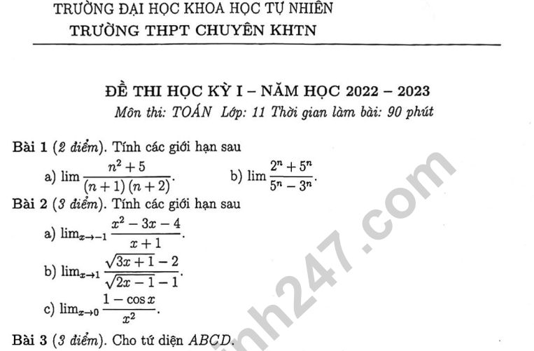 Đề thi học kì 1 môn Toán lớp 11 - THPT Chuyên KHTN 2022