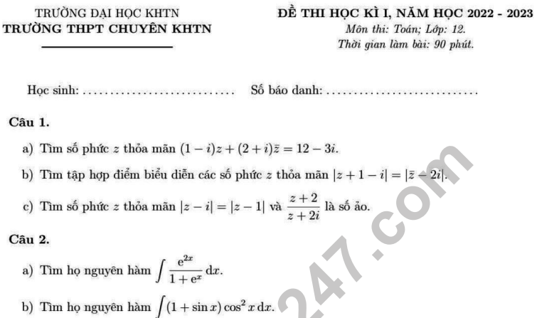 Đề thi kì 1 lớp 12 môn Toán 2022 - 2023 THPT Chuyên KHTN