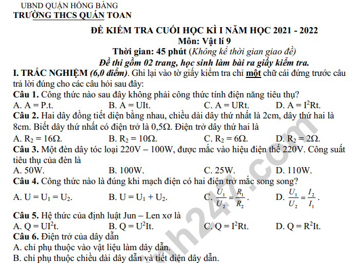 Đề thi kì 1 môn Lý lớp 9 năm 2022 (Có đáp án) - THCS Quán Toan