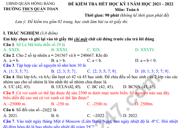 Đề kiểm tra kì 1 lớp 6 môn Toán 2022 - THCS Quán Toan (Có đáp án)